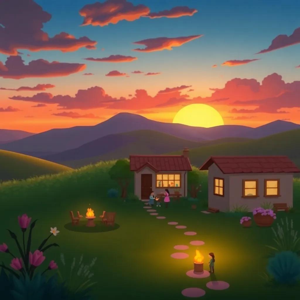 A sunset behind the hills of Canaan, depicting a simple home filled with love, inviting ambiance, warm colors, family, and a serene atmosphere, digital art, high quality