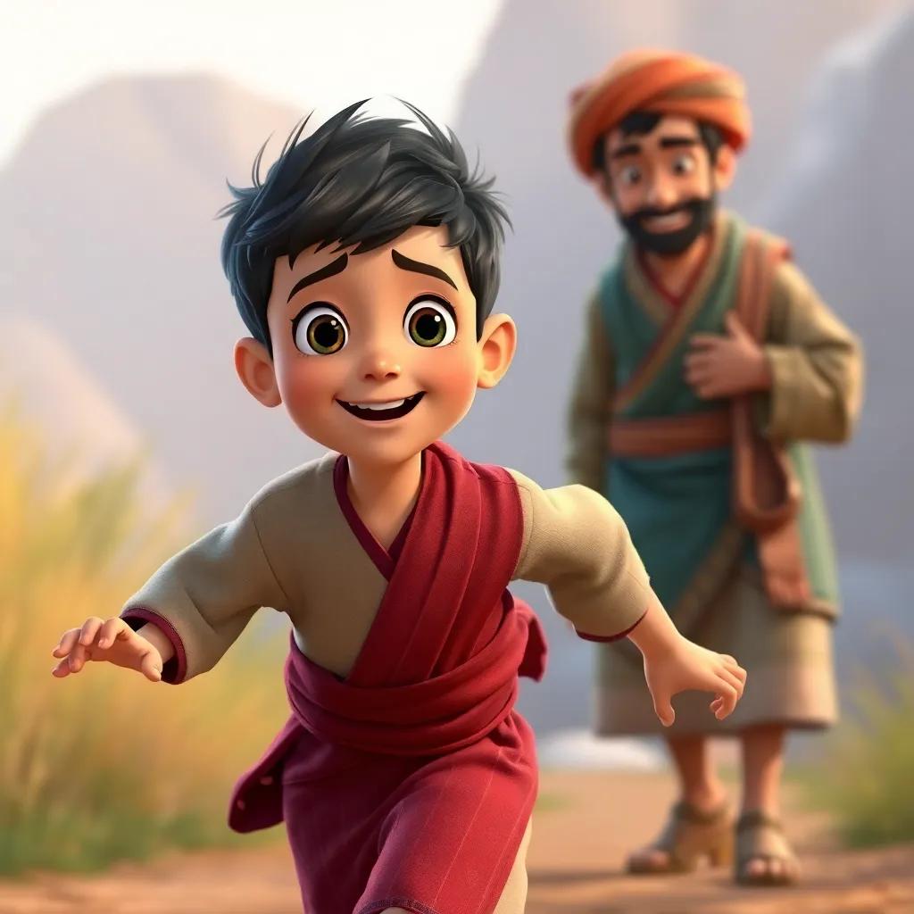 A young boy, Yusuf, with bright face and wise eyes, running excitedly towards his father Jacob, wearing traditional clothing, warm expression, family scene, rich colors, high quality