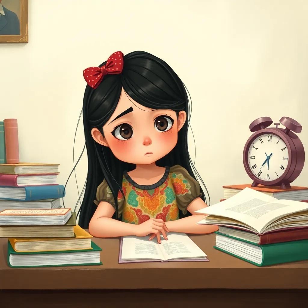 A young girl, Layla, with long black hair wearing a colorful dress, sitting at a desk with a worried expression, surrounded by schoolbooks and a clock ticking, illustration, soft colors, calming atmosphere, high quality
