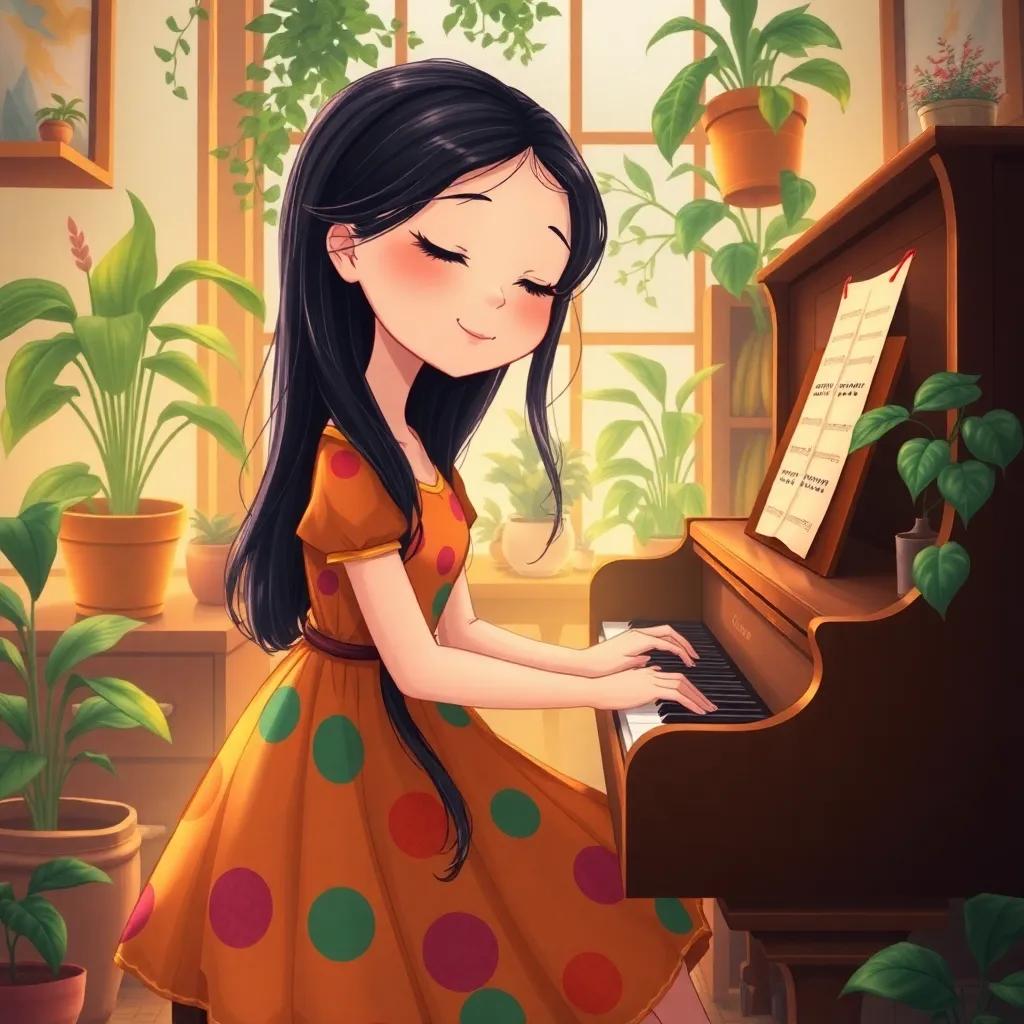 Layla, a young girl with long black hair in a colorful dress, sitting at a piano with closed eyes, playing soothing music in a cozy room filled with plants and soft light, illustration, cheerful, warm environment, high quality