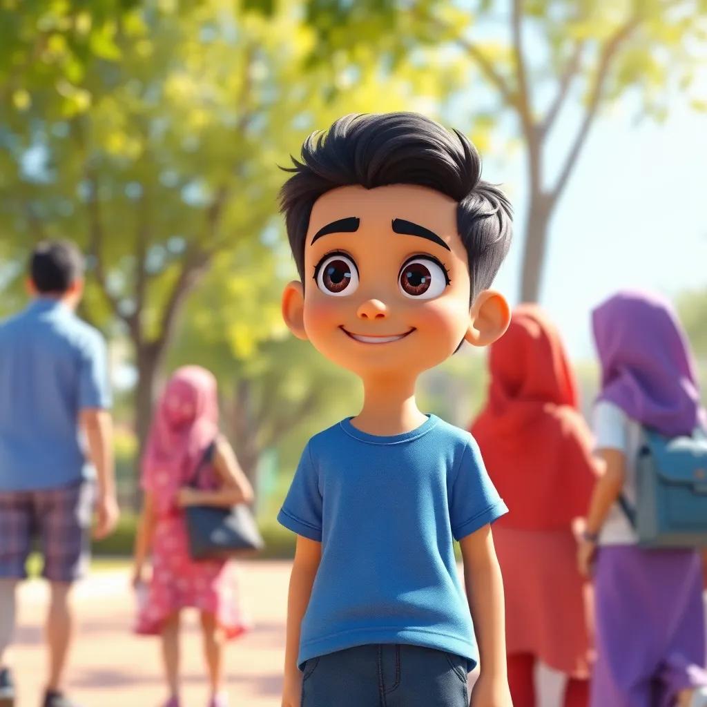 A young Arab boy named Sami with short black hair, wearing a blue T-shirt and shorts, standing in a sunny park, looking curious and smiling, asking his friends a question, digital art, cheerful colors, bright and sunny atmosphere, high quality