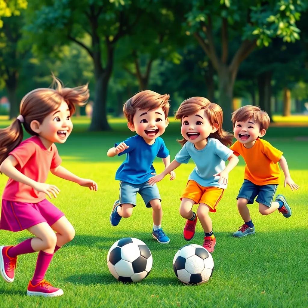 A group of children playing soccer in a park, laughing and having fun, colorful clothes, green grass and trees in the background, joyful scene, child-friendly, vibrant art, engaging composition
