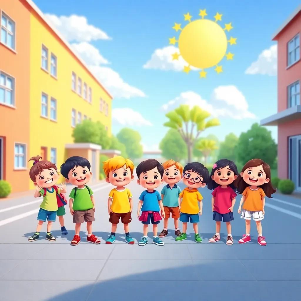 A cheerful group of children standing in a sunny schoolyard, excited to start their flag search, wearing bright clothes, with smiles on their faces, digital art, vibrant colors, playful atmosphere, high quality