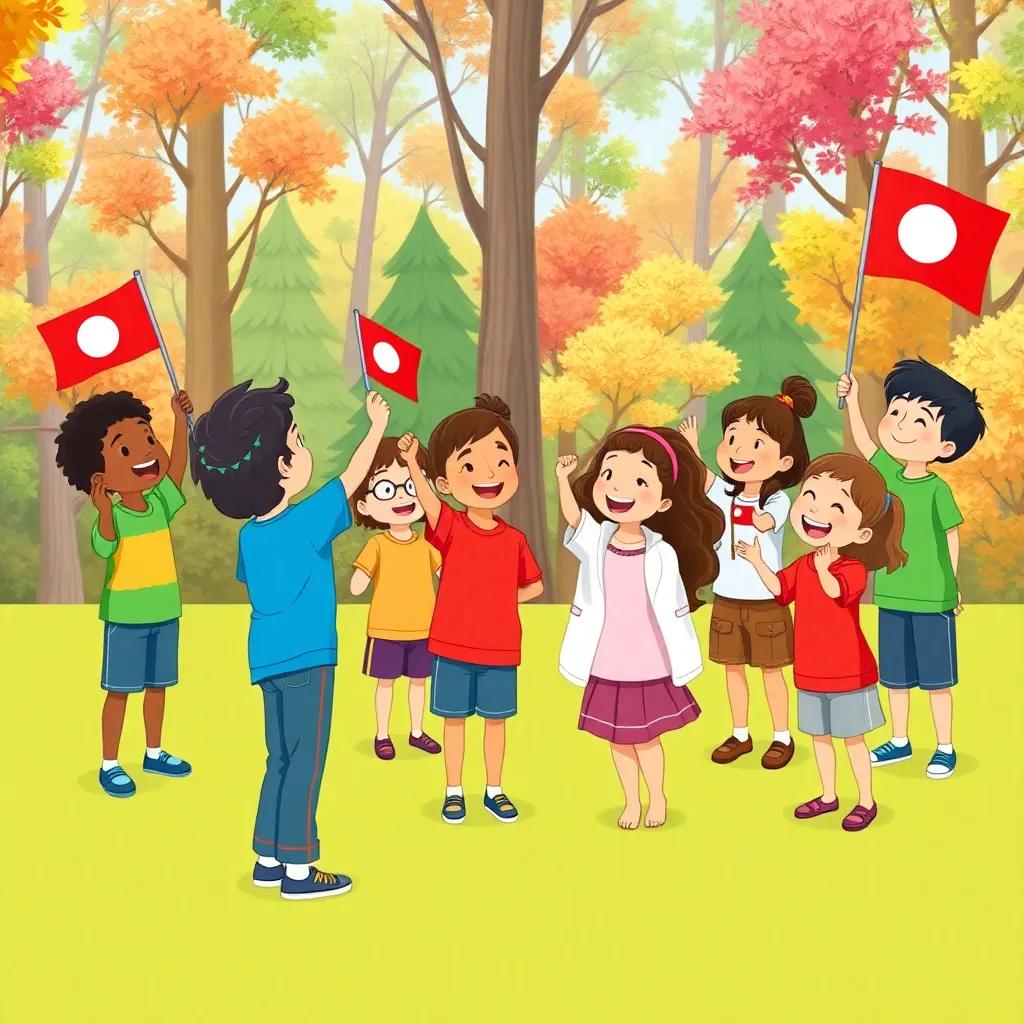 Children joyfully presenting their flags to Ms. White, with a colorful backdrop of trees, wearing different outfits, showing teamwork, illustration, bright and cheerful, engaging scene, high quality