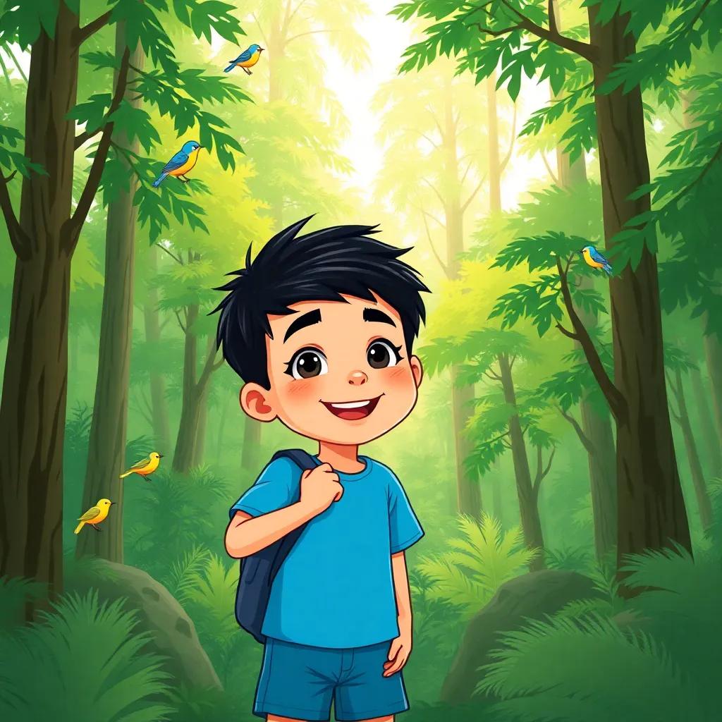 A cheerful young boy named Sami, with short black hair, wearing a blue t-shirt and shorts, exploring a lush green forest with tall trees and chirping birds, digital art, vibrant colors, adventurous mood, high quality