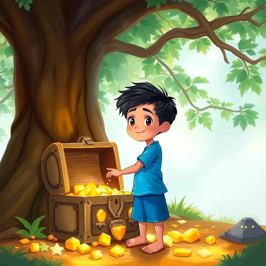 Sami, a young boy with short black hair in a blue t-shirt and shorts, opening an old treasure chest under a large tree, revealing shiny gold pieces and jewels, digital painting, magical atmosphere, bright colors, heartwarming scene, high quality