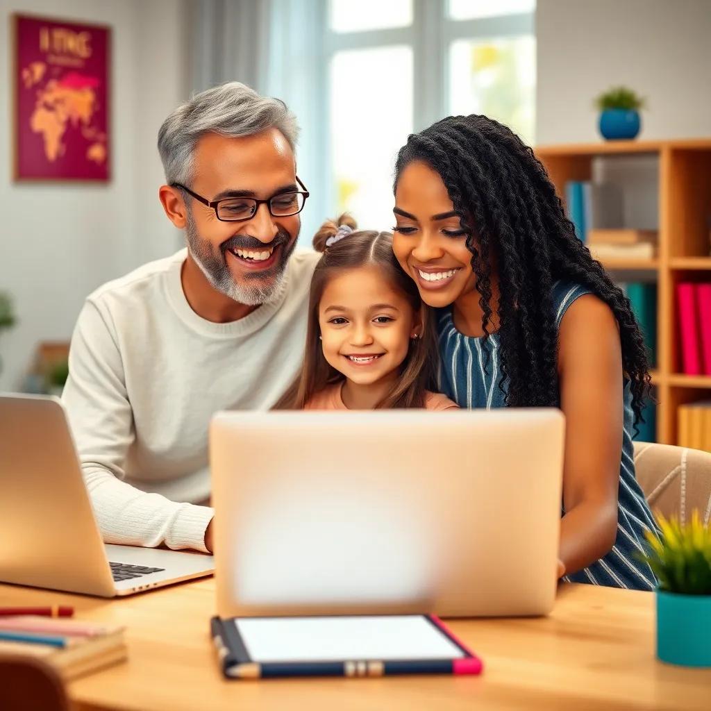 A happy couple searching for a school for their daughter, sitting together at a desk with a laptop, bright and cheerful room, family-friendly atmosphere, digital art, vibrant colors, warm lighting, close-up, high quality