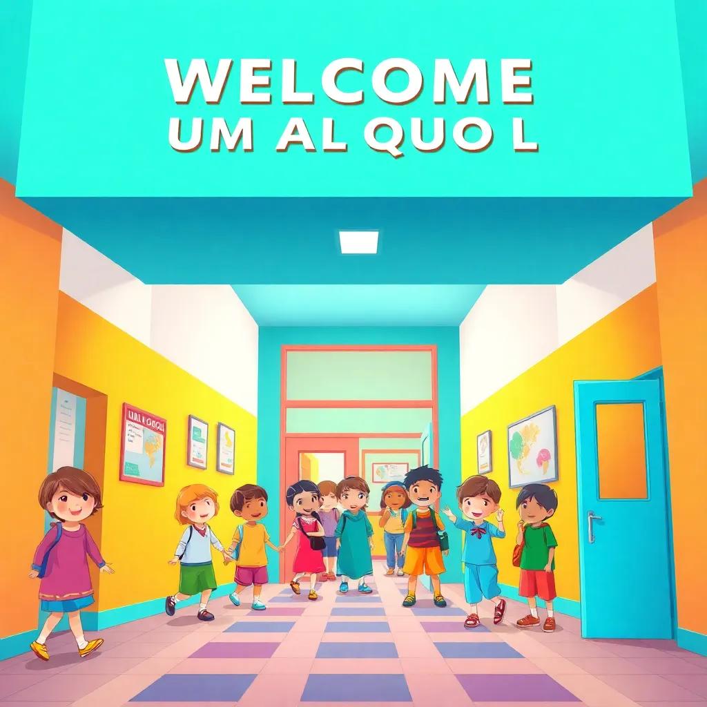 A welcoming school entrance of Um Al-Qura schools, brightly colored walls and happy children playing outside, busy but cheerful atmosphere, illustration, inviting, colorful, child-friendly perspective, soft light, high quality