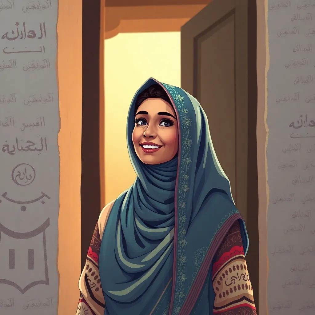A mother looking determined, with traditional Middle Eastern attire and a warm smile, standing at a traditional house door, illustration, vibrant colors, hopeful atmosphere, engaging perspective, high quality
