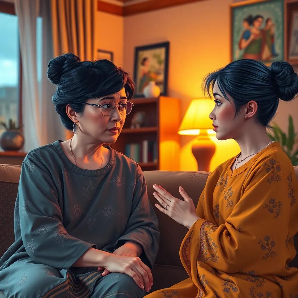A concerned mother speaking with her sister, who looks apologetic, inside a cozy living room, cultural elements and decor visible, digital art, warm colors, heartfelt moment, intimate focus, high quality