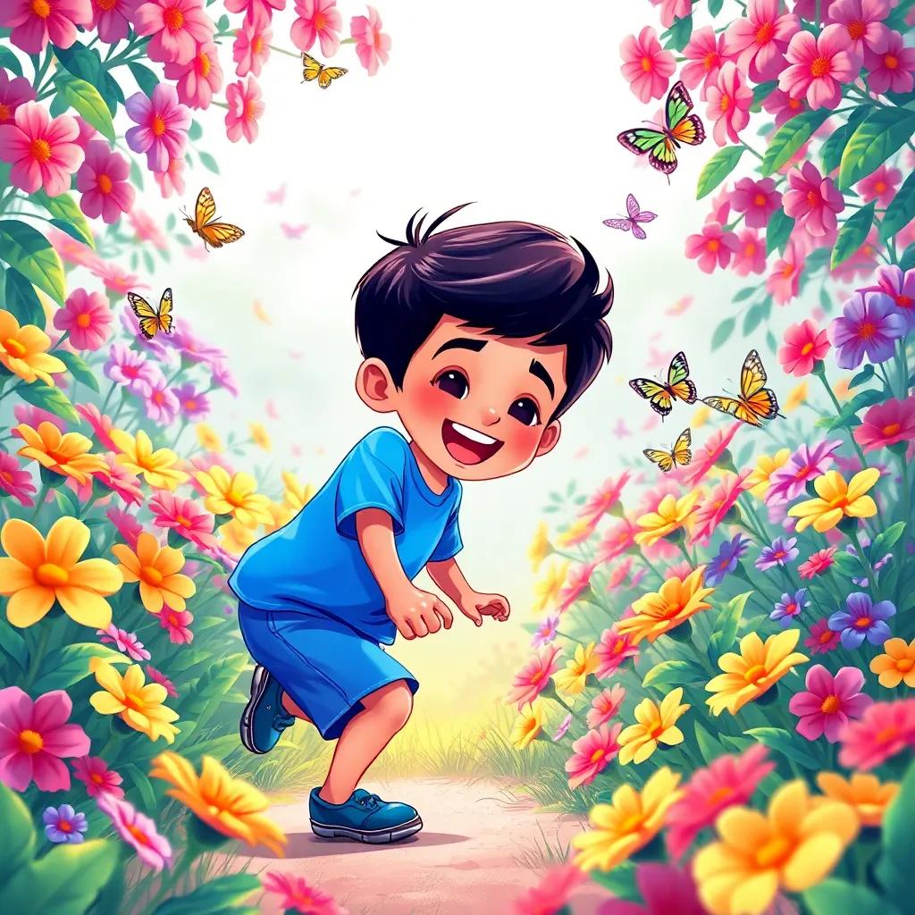 A young Arab boy, Mohammed, with short black hair, wearing a blue t-shirt and shorts, joyfully playing in a colorful flower garden, vibrant flowers and butterflies around, cartoonish style, bright colors, cheerful atmosphere, high quality