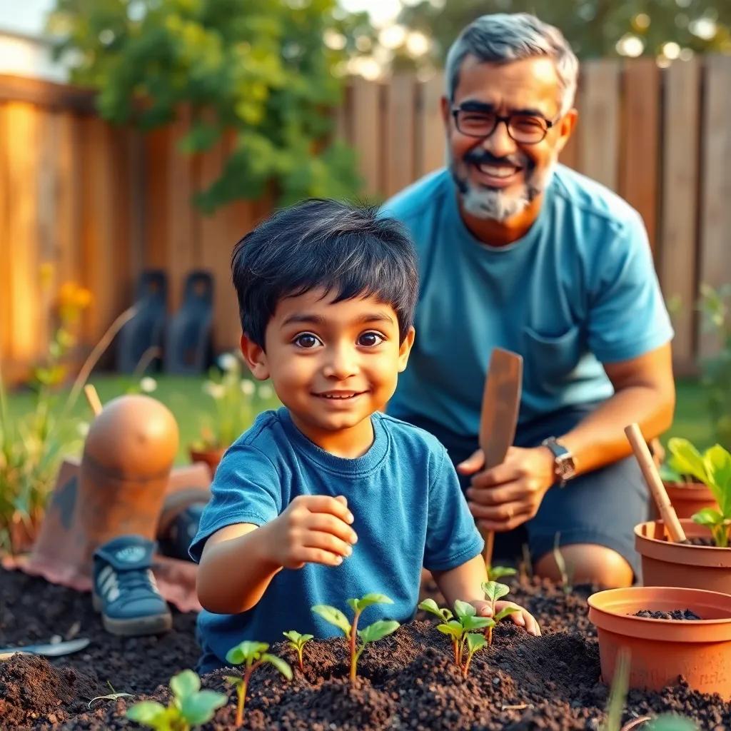 A young Arab boy, Mohammed, with short black hair, wearing a blue t-shirt and shorts, in his backyard with his father planting seeds, cheerful look on their faces, gardening tools around them, digital art, warm and friendly, engaging scene, high quality