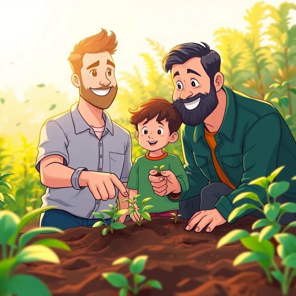A father and son duo in a garden, the father is smiling and pointing to the soil with seeds in hand, warm sunlight, green plants, inviting atmosphere, cartoon style, high detail, colorful