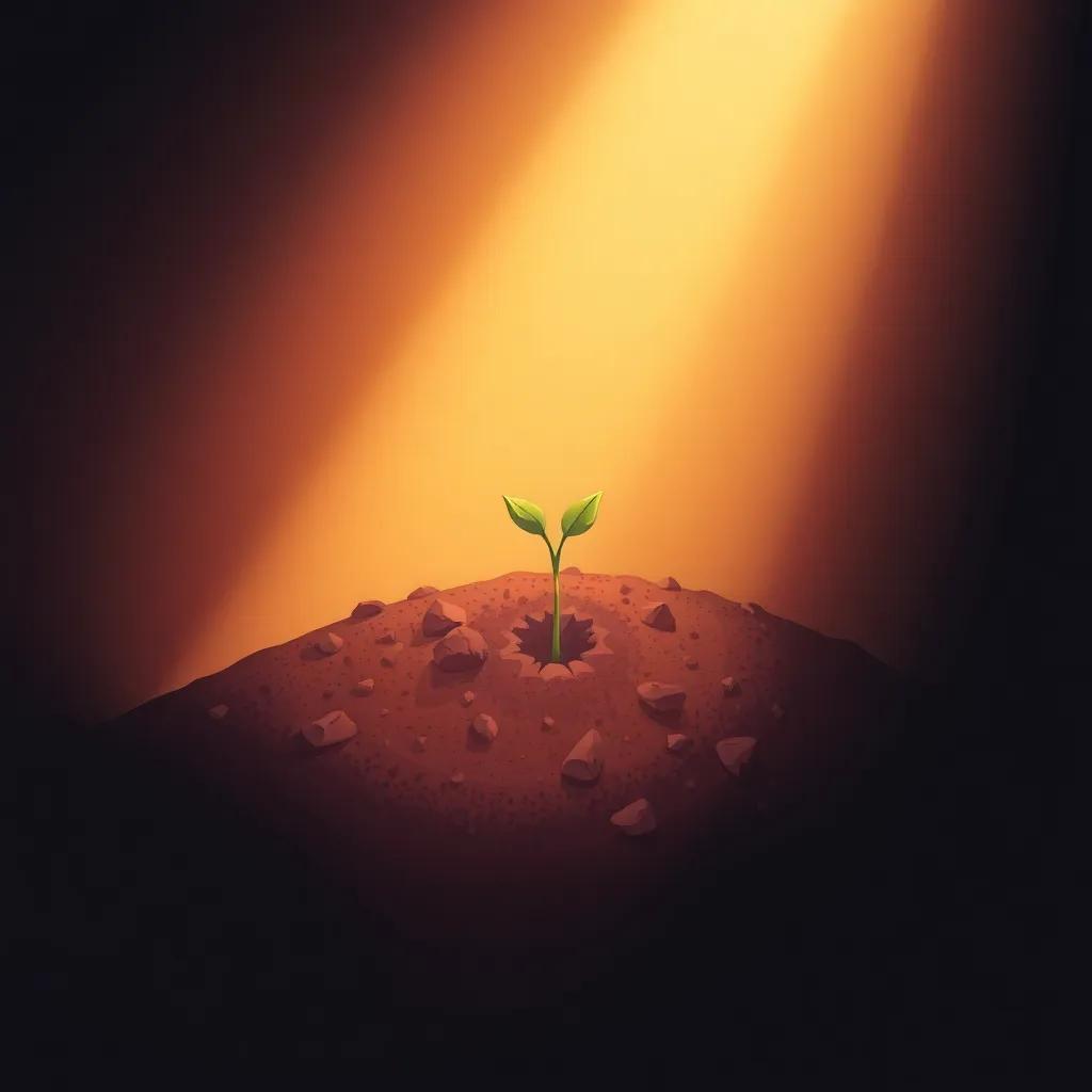 An illustration of a small seed in rich dark soil, small root emerging, symbolizing growth and potential, soft light from above, peaceful and hopeful, illustration art, warm tones, encouraging atmosphere, high quality
