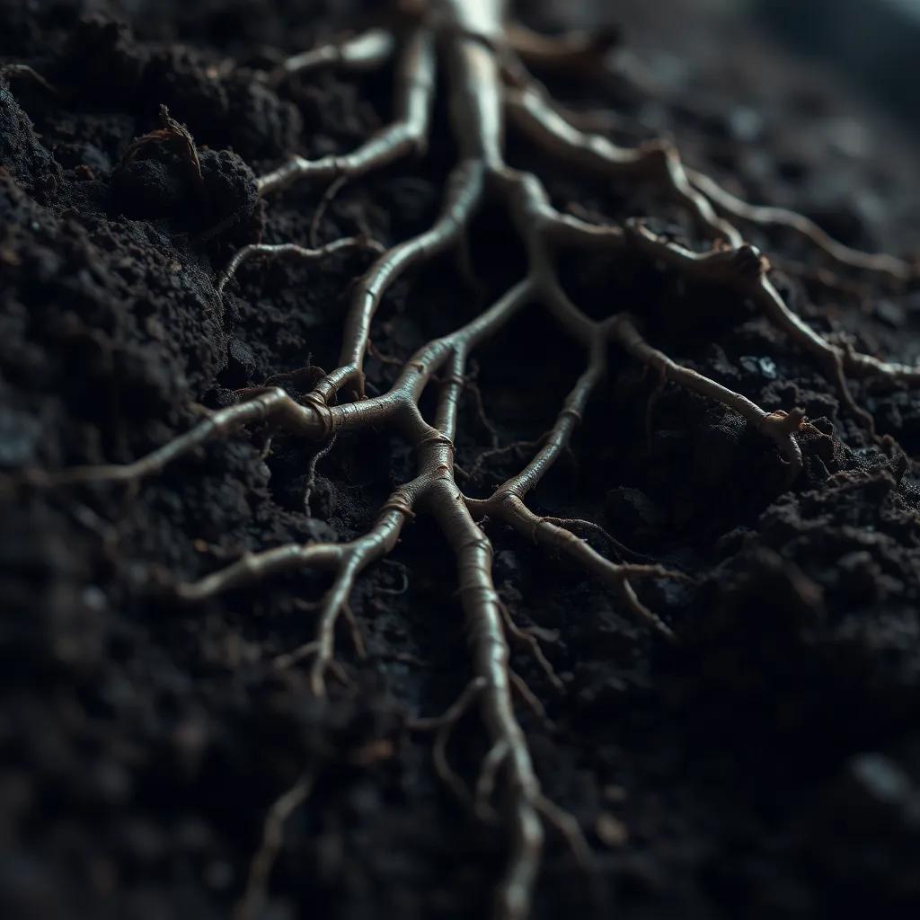 A close-up of a root system spreading through the dark soil, rich details of soil particles, unseen life within, metaphor for strength, soft focused light, earth tones, educational artwork, high quality