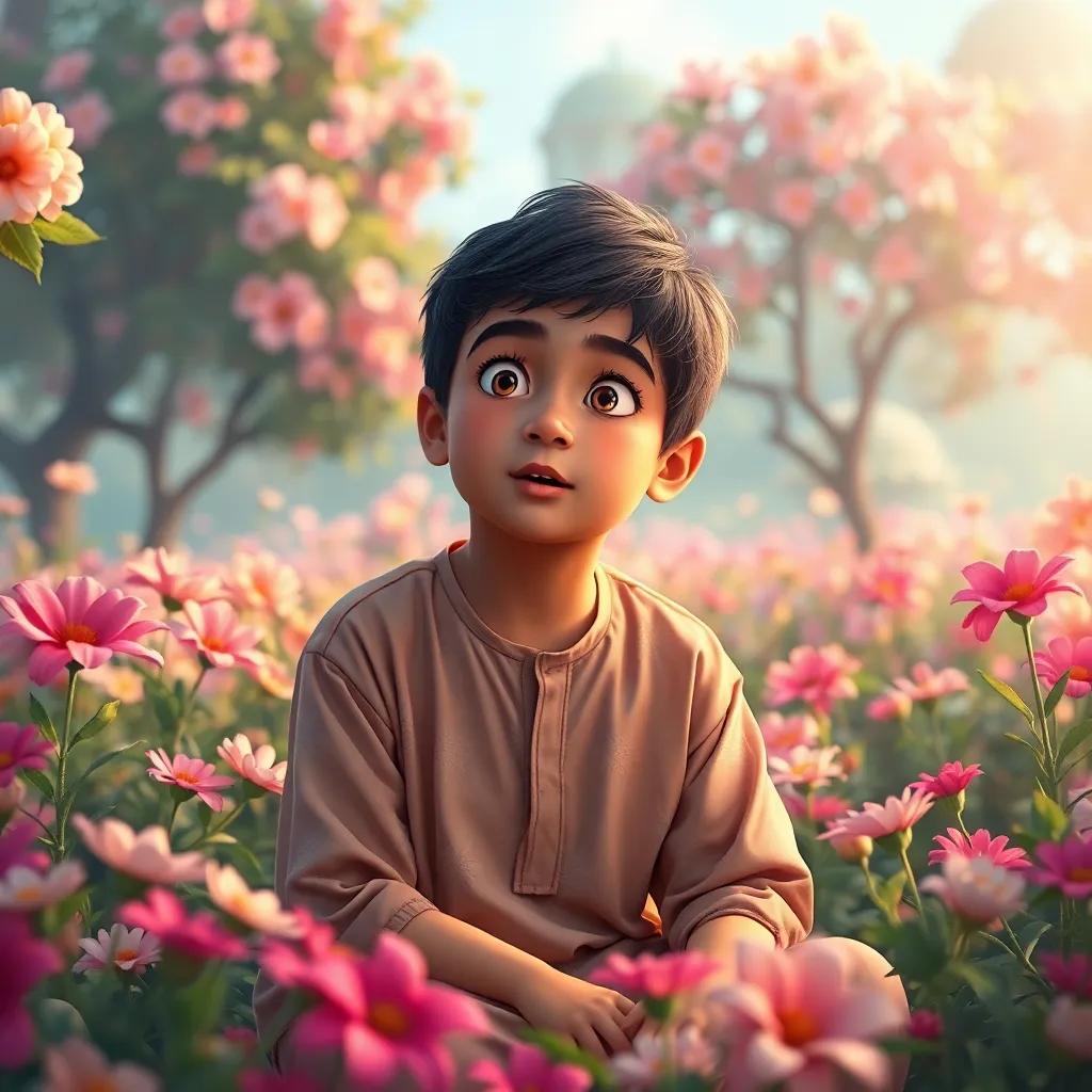 A young Arab boy, Mohammed, with short black hair, amazed with wide eyes, sitting in a garden surrounded by blooming flowers and trees, vibrant colors, uplifting, magical scene, high detail, inviting atmosphere, high quality