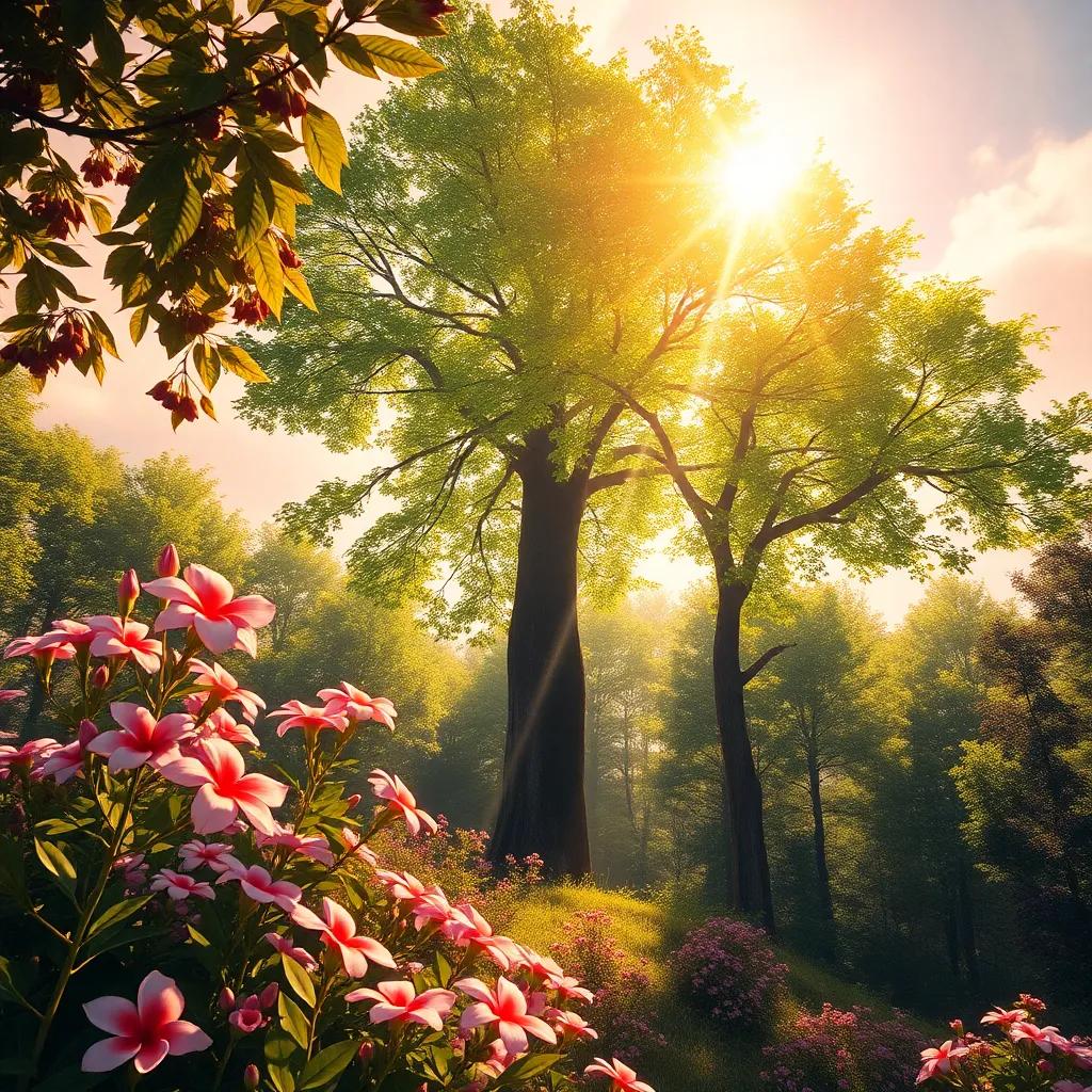 An image showing beautiful flowers and a tall tree with lush green leaves, sunlight shining through, symbolizing flourishing growth, warm colors, enchanting landscape, digital painting, high quality