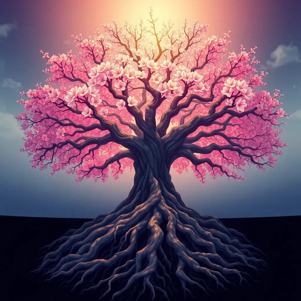 An illustration of a majestic tree with wide roots underground, blossoms on top emphasizing growth, soft light on the ground above, metaphor for stability, inspiring image, high detail, warm colors