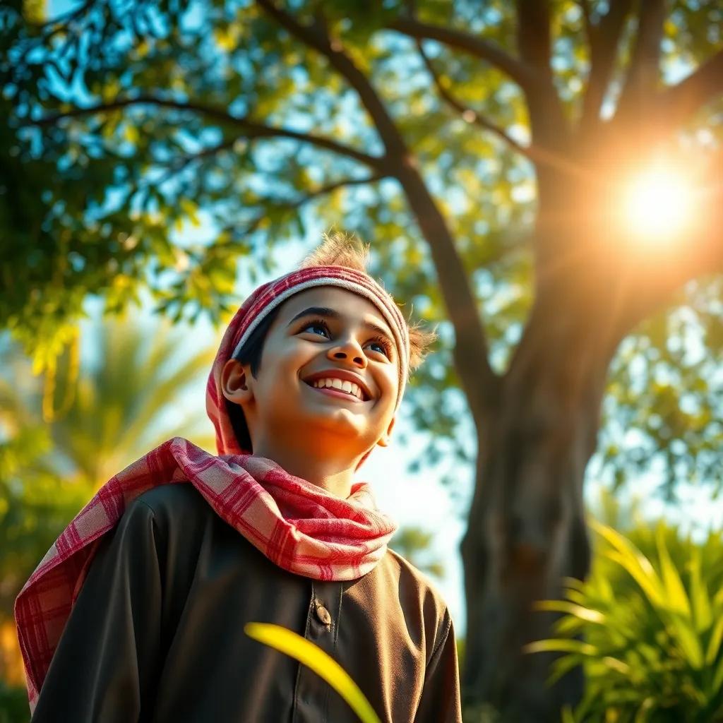 A young Arab boy, Mohammed, smiling and looking at a beautiful tree, bright sunlight shining on him, nature around him, joyful and awe-filled expression, colorful, engaging atmosphere, high quality