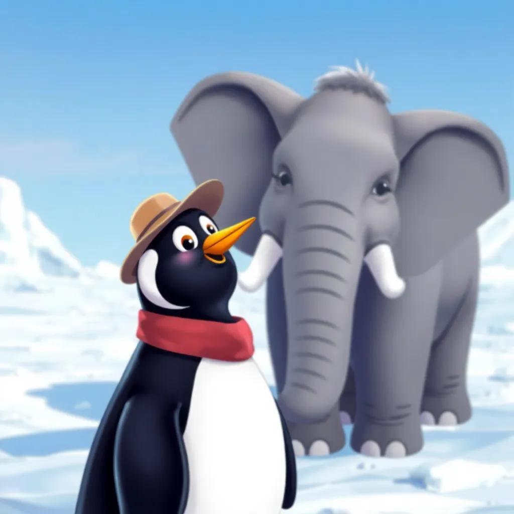 A proud penguin, Peter, with smooth black and white feathers, wearing a tiny explorer's hat, looking excitedly at a friend, a large friendly elephant, with gray skin and big ears, situated on an icy landscape, bright and cheerful, illustration, vibrant colors, joyful atmosphere, high quality.