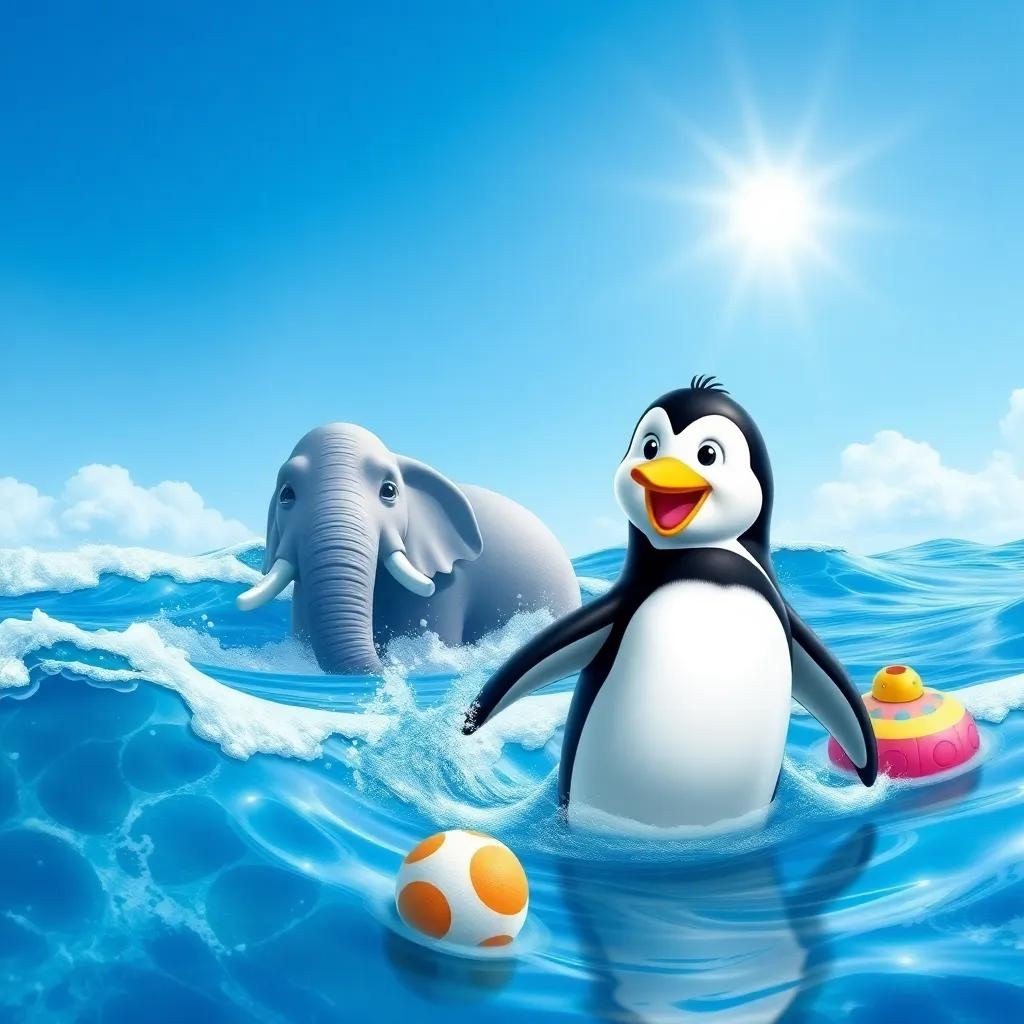 Peter, the penguin, with smooth black and white feathers, splashing joyfully in the blue ocean waves, beside a large friendly elephant, with gray skin and big ears, sun shining bright above, clear blue sky and fun beach toys around, cheerful, adventure-themed, child-friendly, high quality.