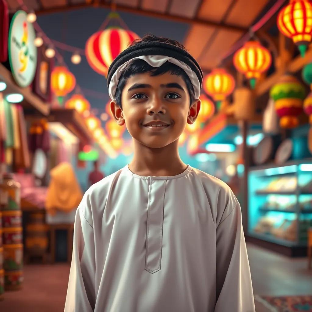 A young Emirati boy, Khalid, with short black hair and wearing a white kandura, standing in front of a traditional marketplace, vibrant colors, digital art, warm light, cheerful atmosphere, high quality