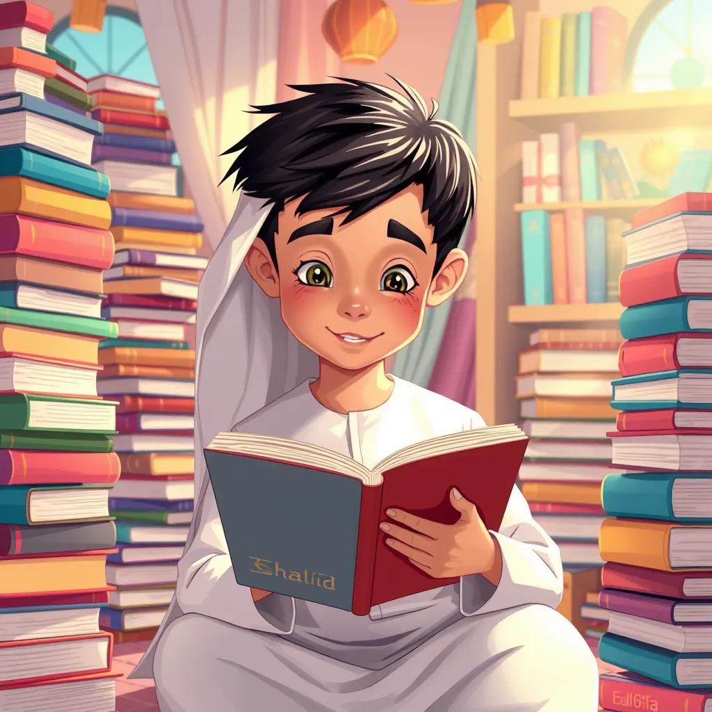 Khalid, a young Emirati boy, with short black hair, wearing a white kandura, reading books in a cozy room surrounded by colorful stacks of books, bright light, cheerful colors, immersive atmosphere, detailed illustration