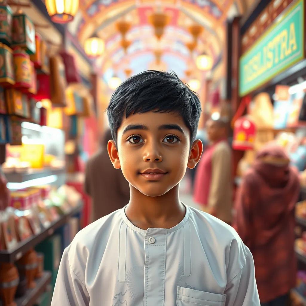 Khalid, a young Emirati boy, with short black hair in a white kandura, in a bustling market with traditional gift items, bright and colorful, inviting atmosphere, vibrant digital art, high quality