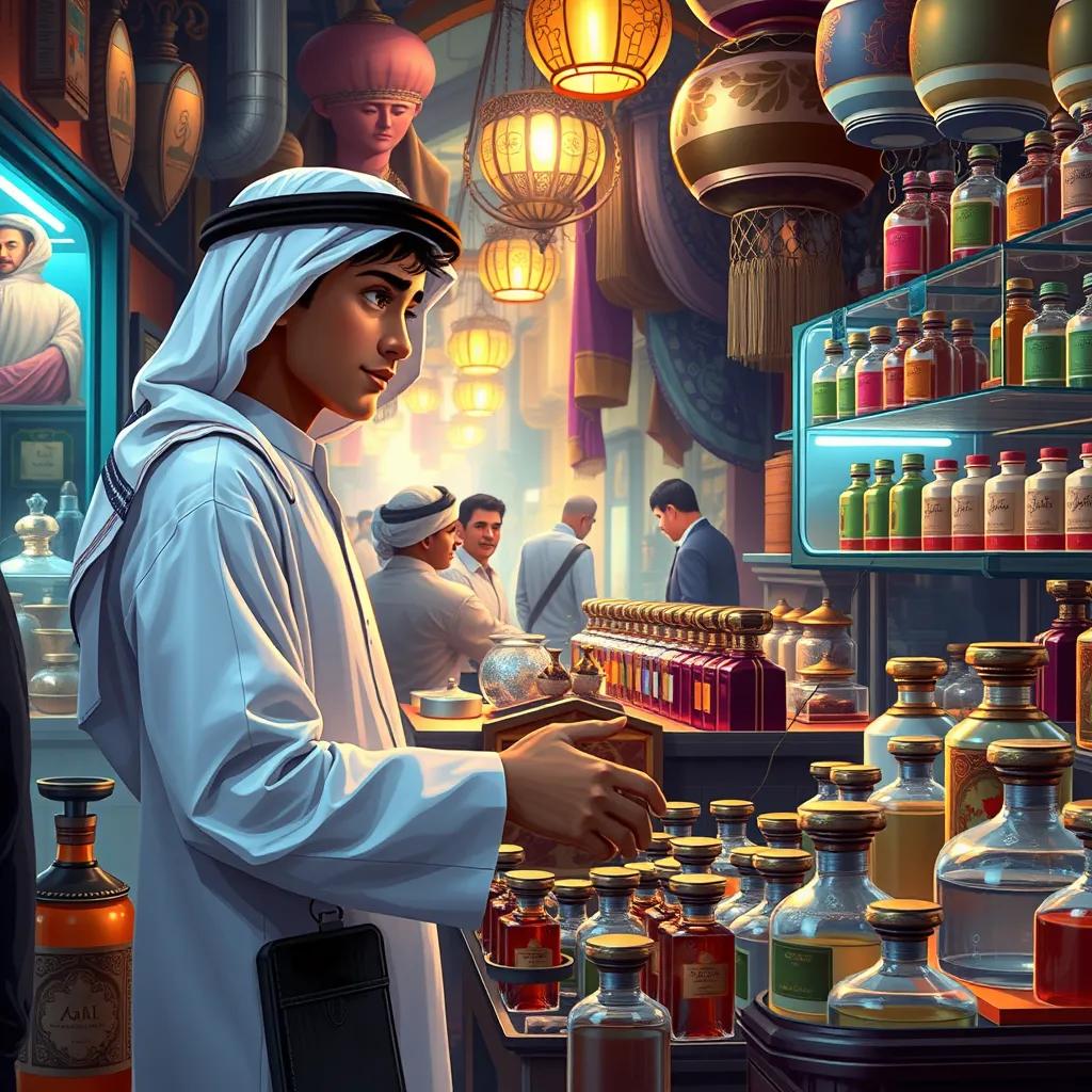A busy market scene featuring Khalid, a young Emirati boy, wearing a white kandura, assisting customers in his gift shop with traditional items like perfumes, vivid colors, cheerful vibes, detailed digital painting
