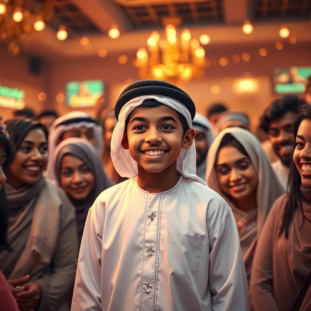 Khalid, a young Emirati boy, with short black hair in a white kandura, celebrating his success with friends and family in a joyful gathering, warm colors, happy atmosphere, high quality