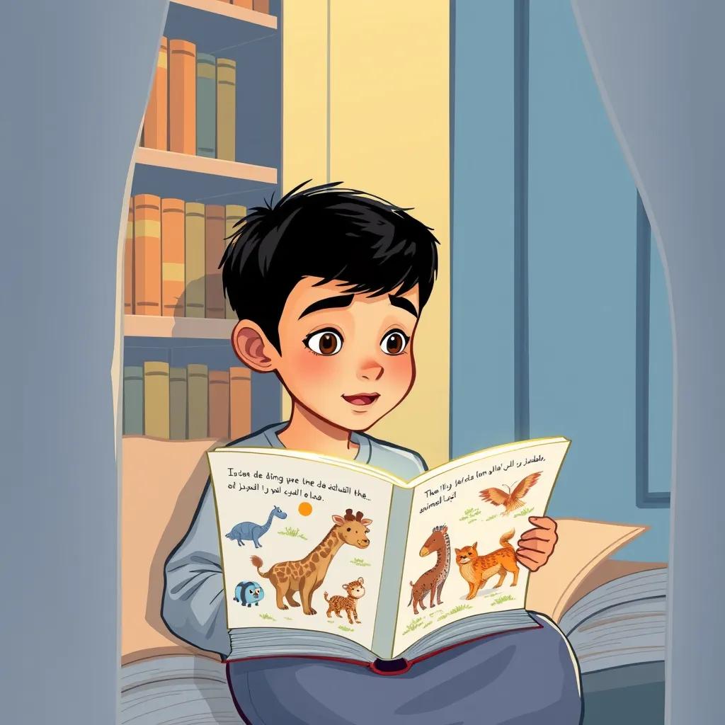 Sami, a young Arab boy with short black hair, reading a book about animals with illustrations of different creatures, in a cozy library corner, soft light, inviting ambiance, high quality