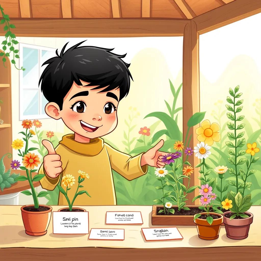 Sami, a young Arab boy with short black hair, standing by a table with plants and labels, excitedly pointing at different flowers and plants in his small garden, cheerful, colorful, bright sunlight, high quality