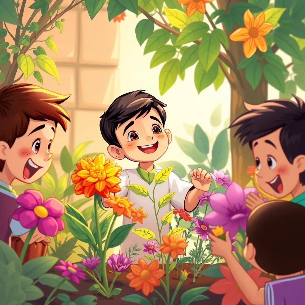 Sami, a young Arab boy with short black hair, proudly showing his garden to his amazed friends, colorful plants around them, joyful expressions, warm light, high quality