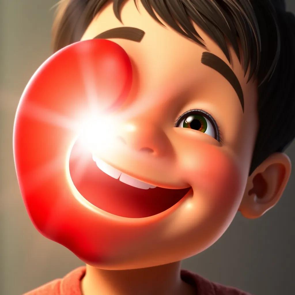 A vibrant red apple entering the mouth of a young boy, smiling, with bright light shining on the apple, digital art, colorful, cheerful atmosphere, high quality