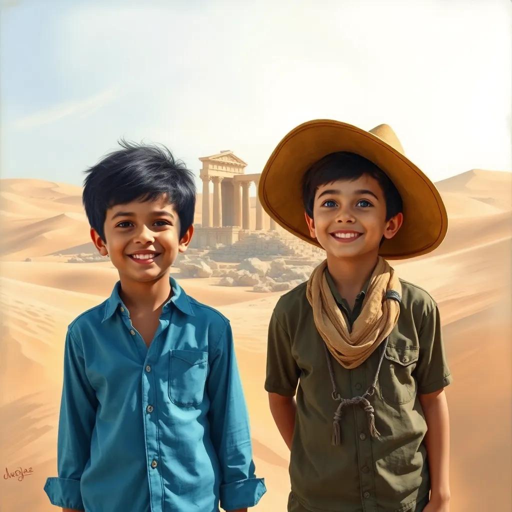 Two young boys, Salim and Omar, with Salim wearing a blue shirt and Omar a big hat, standing in a desert with sand dunes, looking at the ruins of an ancient temple, cheerful expressions, adventure-themed, child-friendly