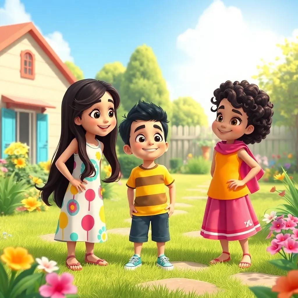 A sunny backyard with three five-year-old twins, Maryam, Ahmad, and Hajar, excitedly planning their adventure. Maryam, a young Arab girl with long dark hair, wearing a colorful dress; Ahmad, a young Arab boy with short black hair, in a playful t-shirt and shorts; Hajar, a young Arab girl with curly black hair, dressed in a bright skirt, smiling in a vibrant garden with flowers and trees, cheerful atmosphere, high quality, joyful mood.