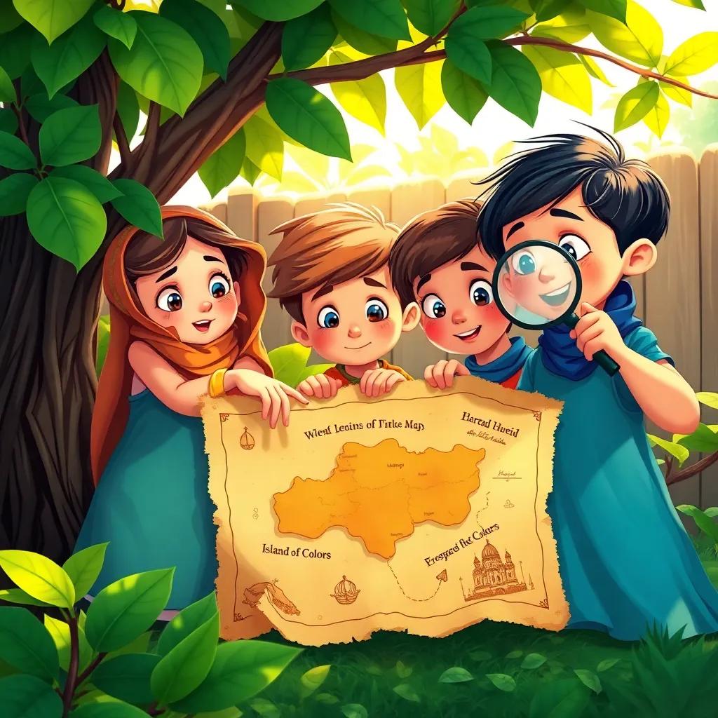 Three five-year-old twins, Maryam, Ahmad, and Hajar, discovering an old treasure map under a lemon tree in their backyard. The map shows 'Island of Colors'. The kids are excited, with Maryam holding the map, Ahmad pointing at it, and Hajar holding a magnifying glass, surrounded by green leaves and sunlight, whimsical art, bright colors, adventure vibe, high detail.