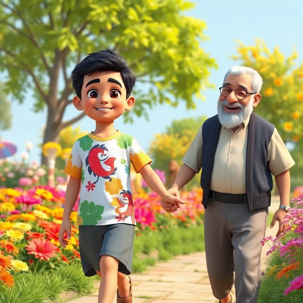 A young Arab boy, Sami, with short black hair, wearing a colorful t-shirt and shorts, walking hand in hand with his grandfather in a beautiful garden with colorful flowers and green trees, cheerful atmosphere, digital art, bright colors, inviting view, high quality
