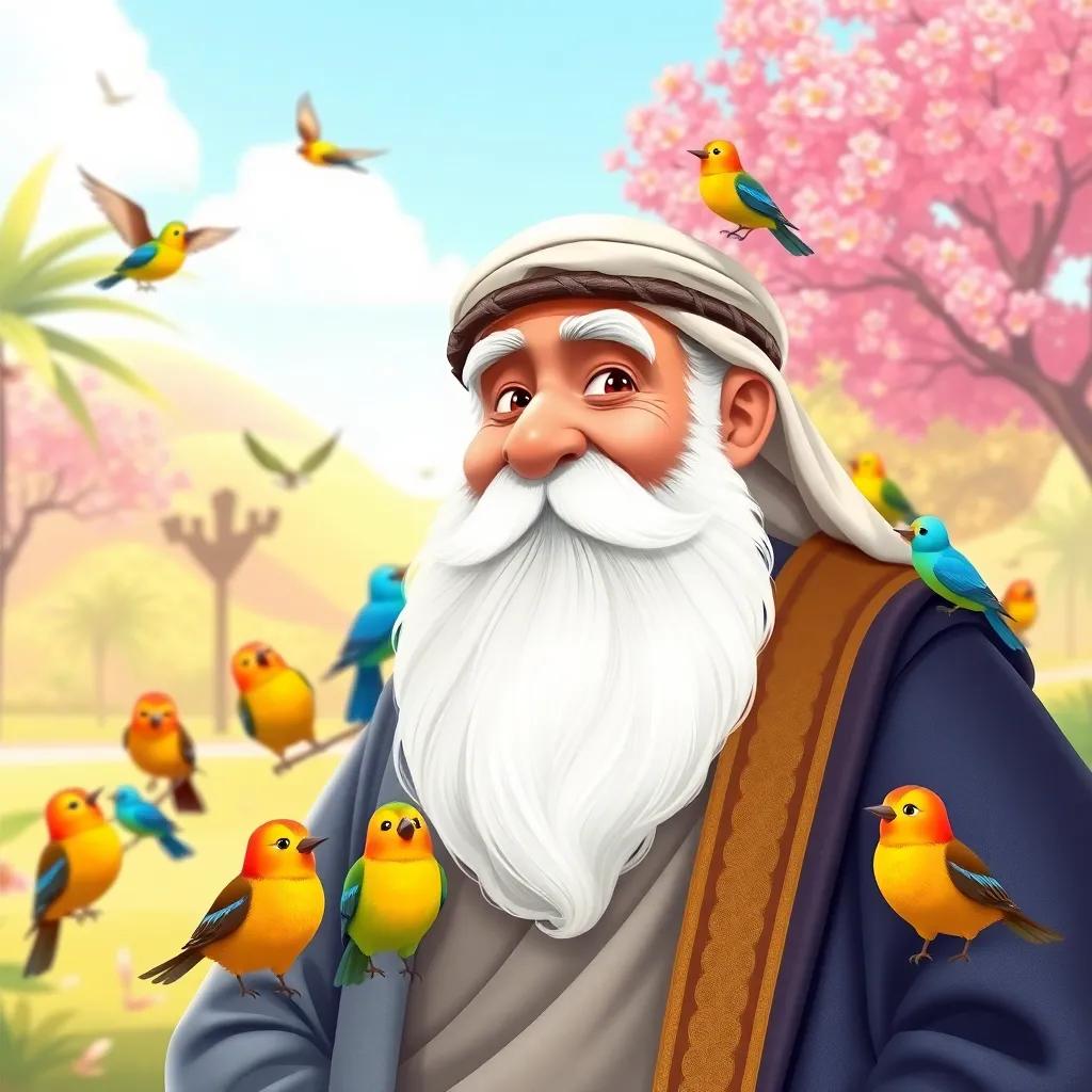 A proud elderly Arab man, with a long white beard and traditional attire, surrounded by colorful birds singing in a sunny park, showcasing warmth and wisdom, kids theme, child-friendly, digital illustration, vibrant colors, cheerful mood