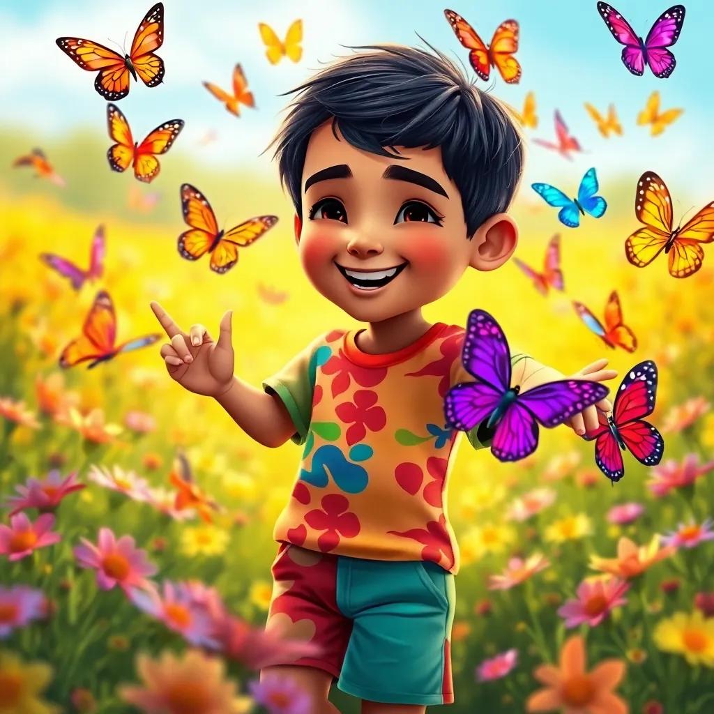 A group of colorful butterflies dancing around Sami, a young Arab boy with short black hair in a colorful t-shirt and shorts, amidst a sunny flower field, joyful and uplifting scene, digital painting, bright colors, playful ambiance