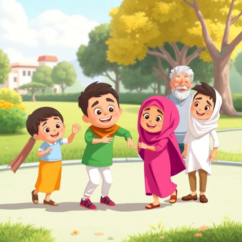 A cheerful group of Arabic children playing together in a sunny park, with Sami and his grandfather watching, emphasizing cooperation and friendship, child-friendly illustration, vibrant colors, joyful atmosphere