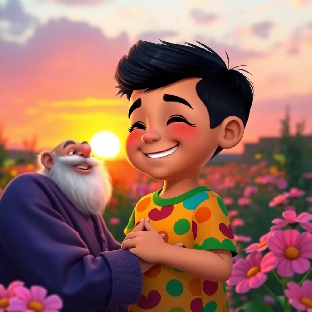 A young Arab boy, Sami, with short black hair in a colorful t-shirt, happily thanking his grandfather, an elderly man with a long white beard, in a flower garden at sunset, warm and heartwarming scene, child-friendly, digital art, bright colors, emotionally uplifting