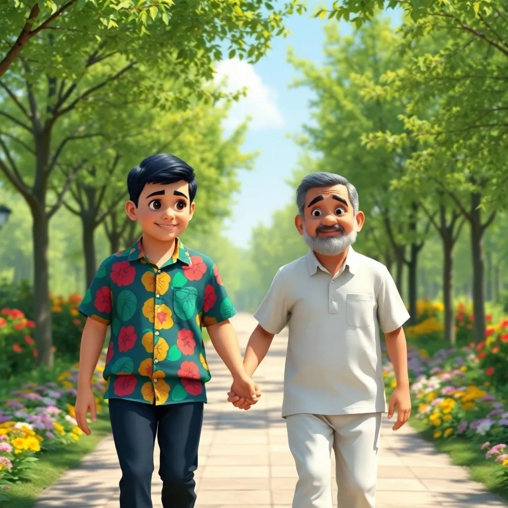 A young Arab boy, Sami, with short black hair, wearing a colorful shirt, holding hands with his grandfather, walking in a sunny park filled with green trees and colorful flowers, bright colors, cheerful atmosphere, high quality