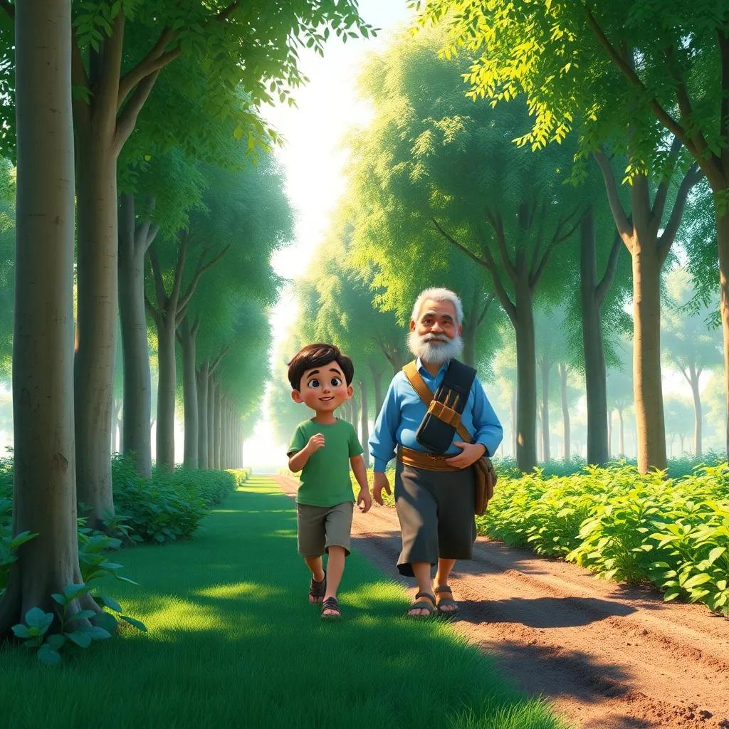 Sami and his grandfather walking in a big garden with tall green trees, planting seeds in the ground, sunlight shining through the leaves, detailed digital art, vibrant colors, child-friendly