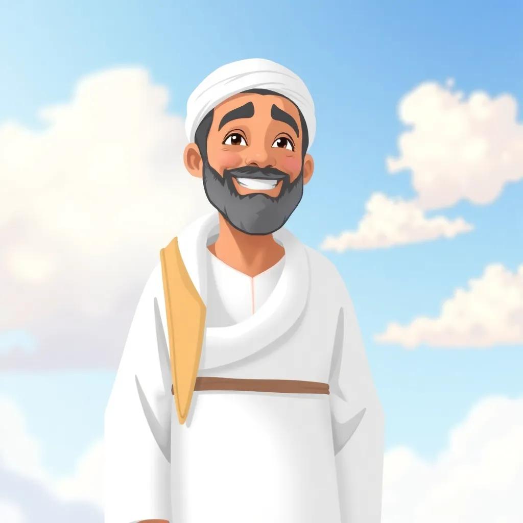 They meet a kind man, Prophet Muhammad, with a gentle smile, wearing traditional white clothes, standing in a peaceful scene with soft clouds, illustrating wisdom and kindness, charming illustration, heartwarming
