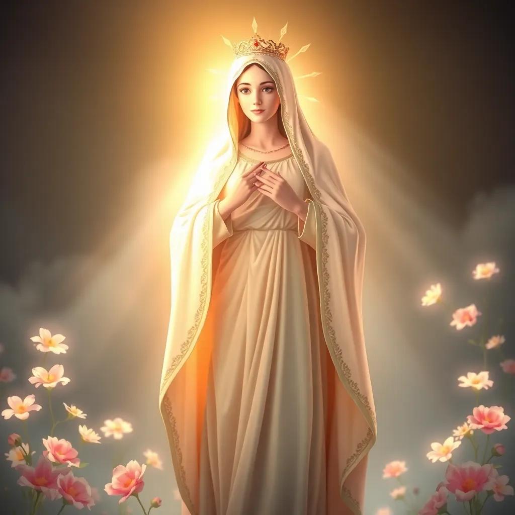 Beautiful Virgin Mary, radiating light, wearing a flowing dress, surrounded by flowers and soft light, teaching lessons of faith, ethereal, uplifting imagery