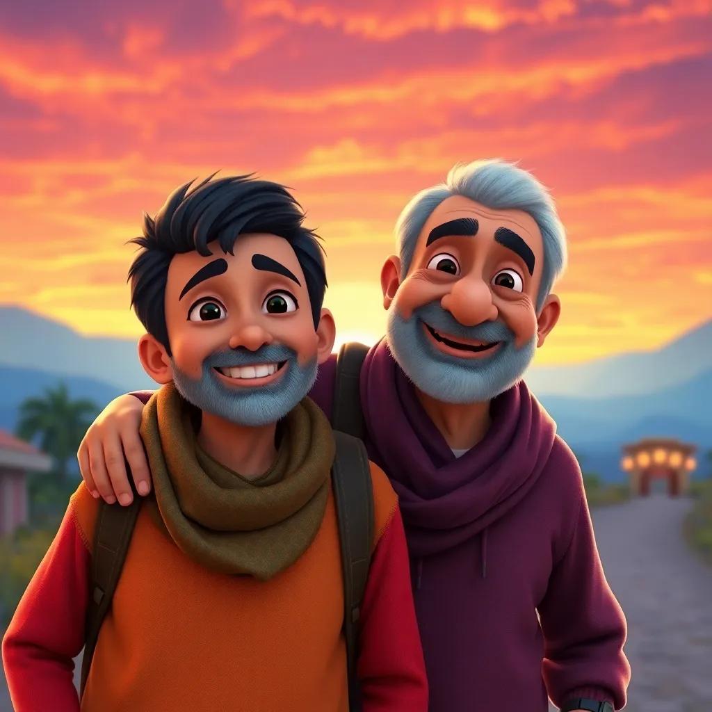 Sami and his grandfather returning home, happy expressions on their faces, colorful sunset in the background, with symbols of love and hope, heartwarming scene, lively colors, joyful atmosphere