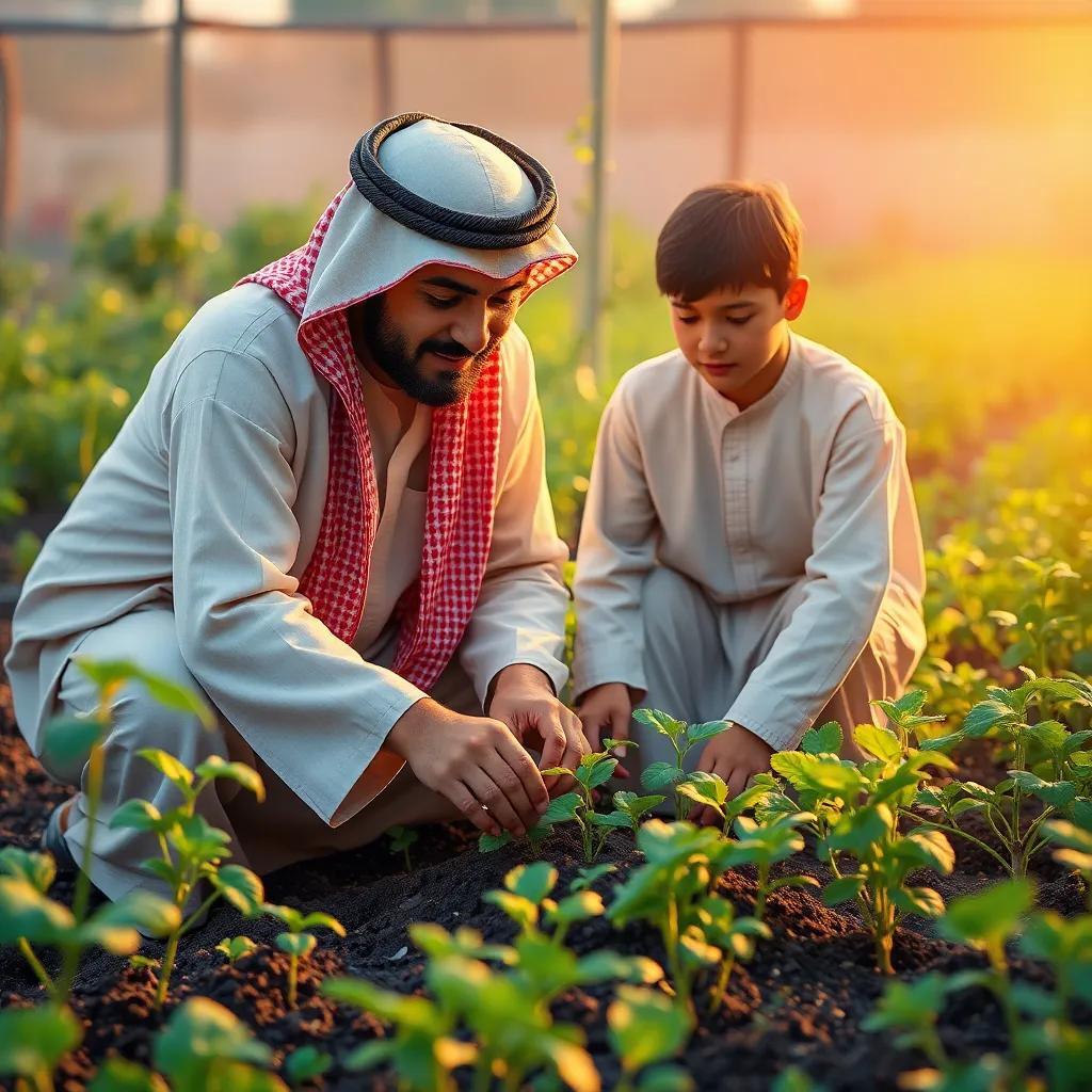 An Arab father, wearing a traditional thawb, planting seeds in a garden with his son, surrounded by healthy plants, nurturing atmosphere, calm, digital art