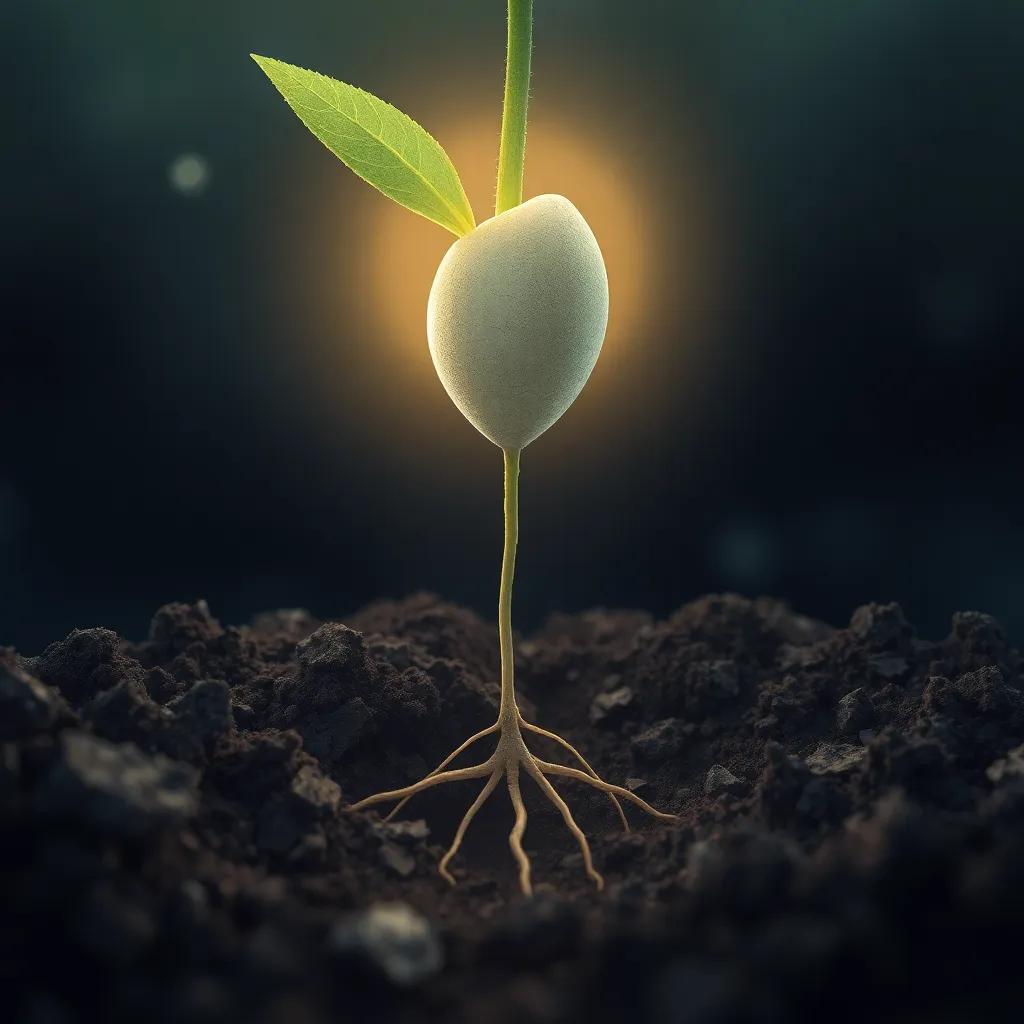 Close-up of a seed being planted in rich soil, tiny roots starting to grow downwards, a magical aura surrounding the seed, illustrative style, hopeful vibe