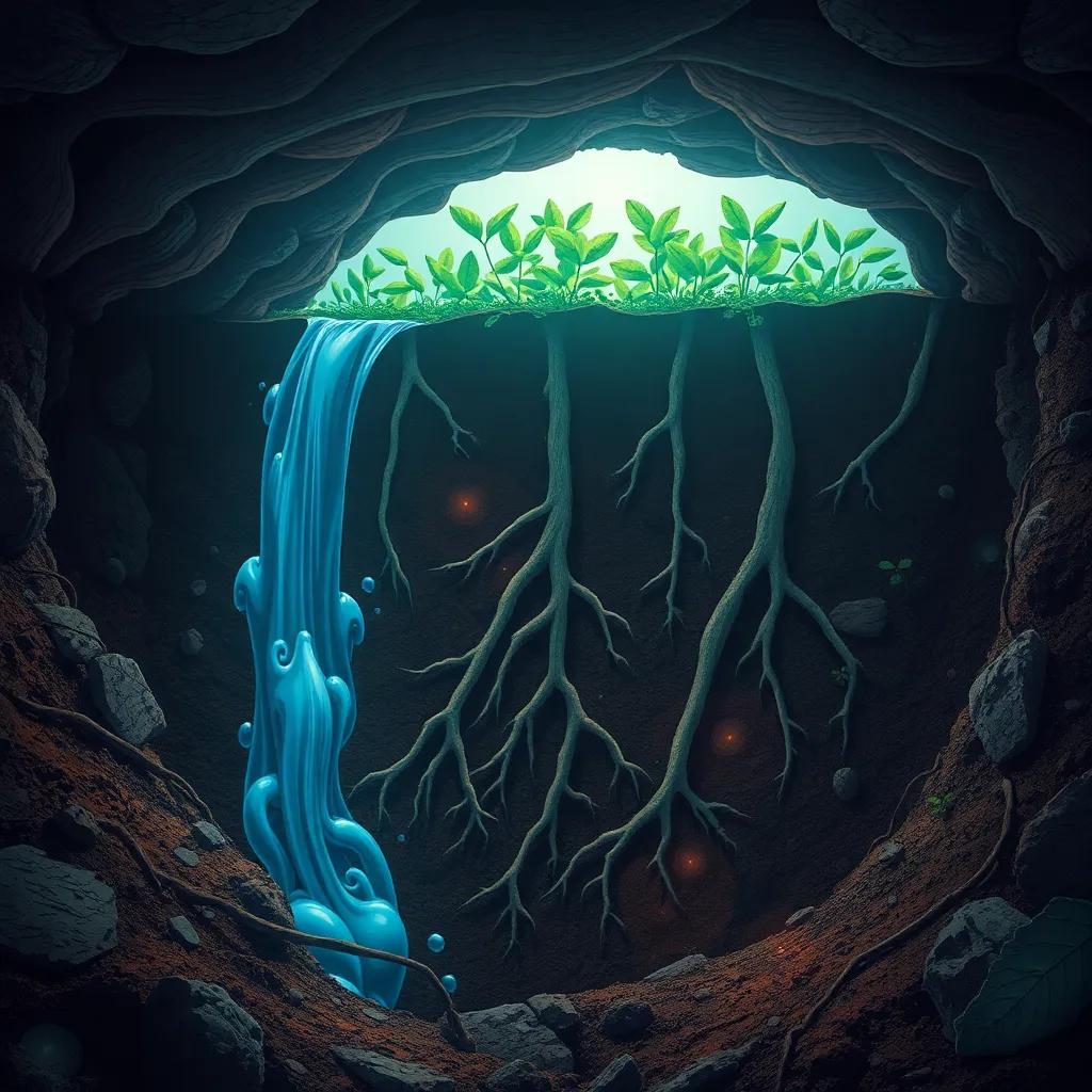 An underground view of a root system spreading through soil, finding water and minerals, with soft lighting, showcasing the journey of roots, educational illustration